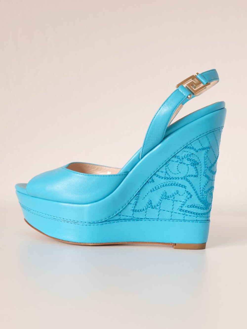 Versace Leather Slingback Peep Toe Wedges, Turquoise, Size 8, Great condition - Picture 2 of 12
